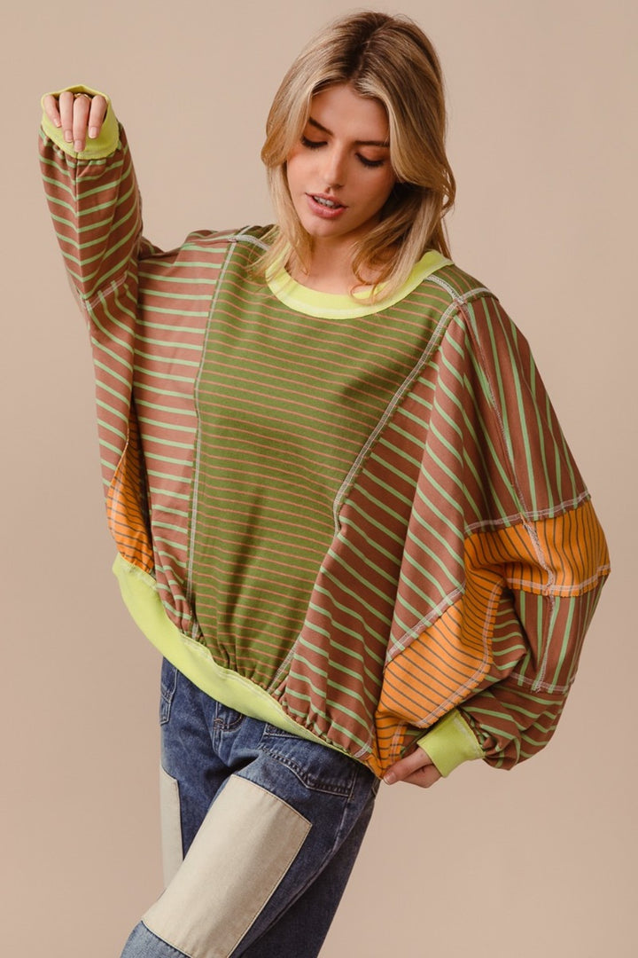Color Block & Striped Round Neck Sweater