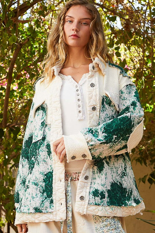 Jacquard Patch Quilted Jacket in Ocean Green