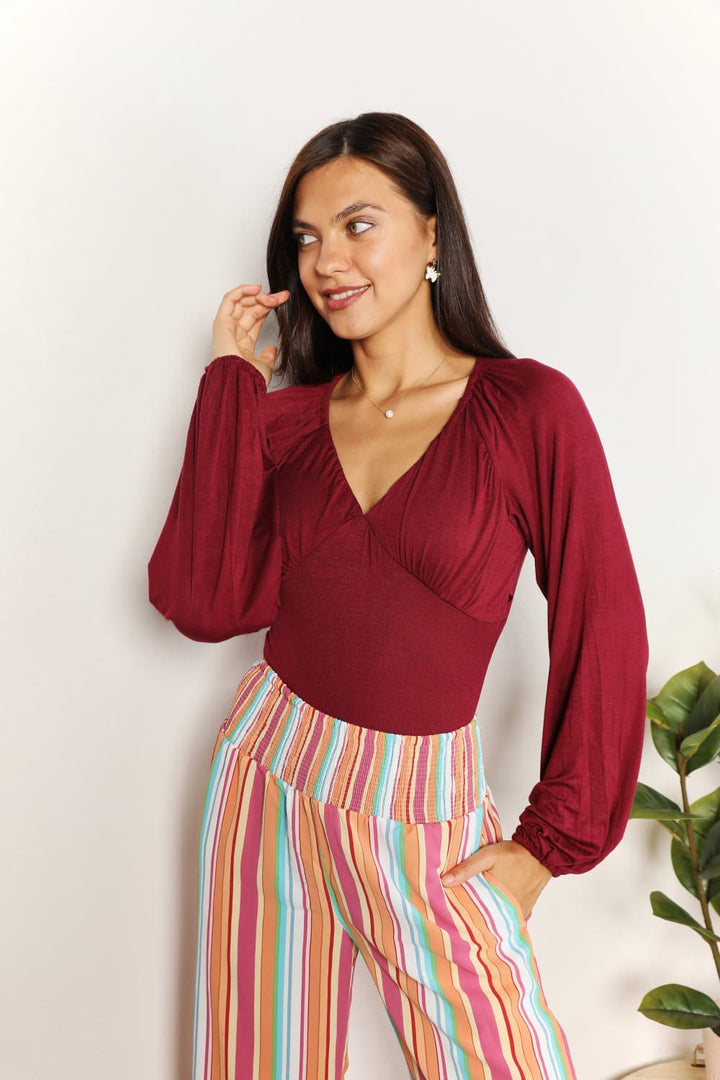 Full Size V-Neck Bodysuit In Burgundy