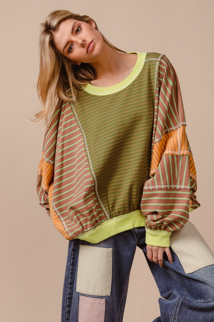 Color Block & Striped Round Neck Sweater