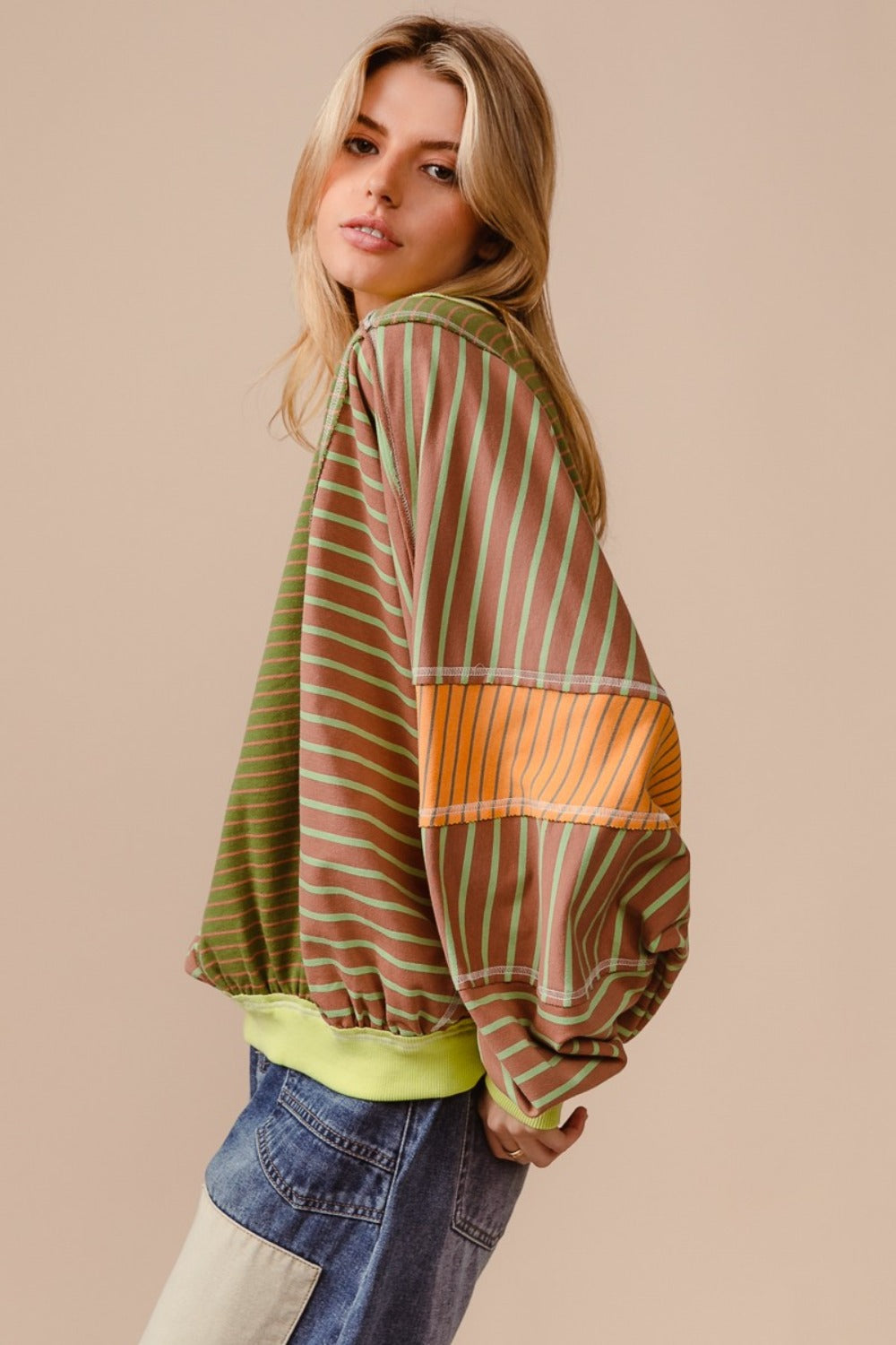 Color Block & Striped Round Neck Sweater