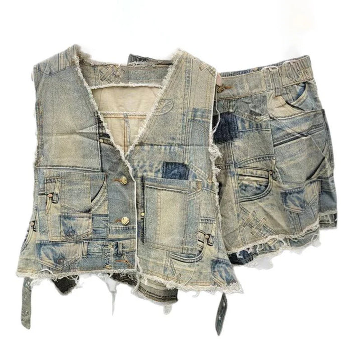 Vintage Frayed Denim Two Piece Set