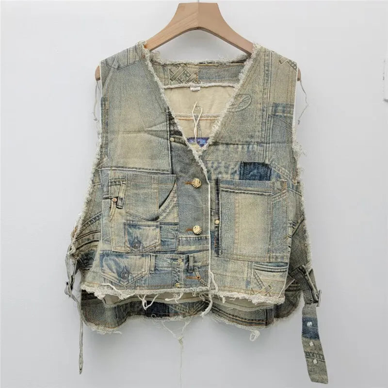 Vintage Frayed Denim Two Piece Set