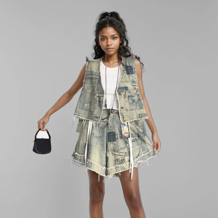 Vintage Frayed Denim Two Piece Set
