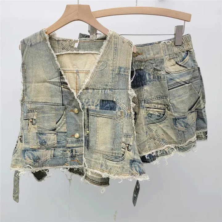 Vintage Frayed Denim Two Piece Set