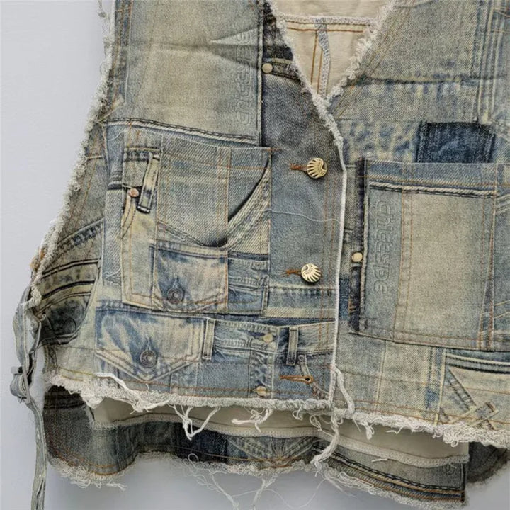 Vintage Frayed Denim Two Piece Set