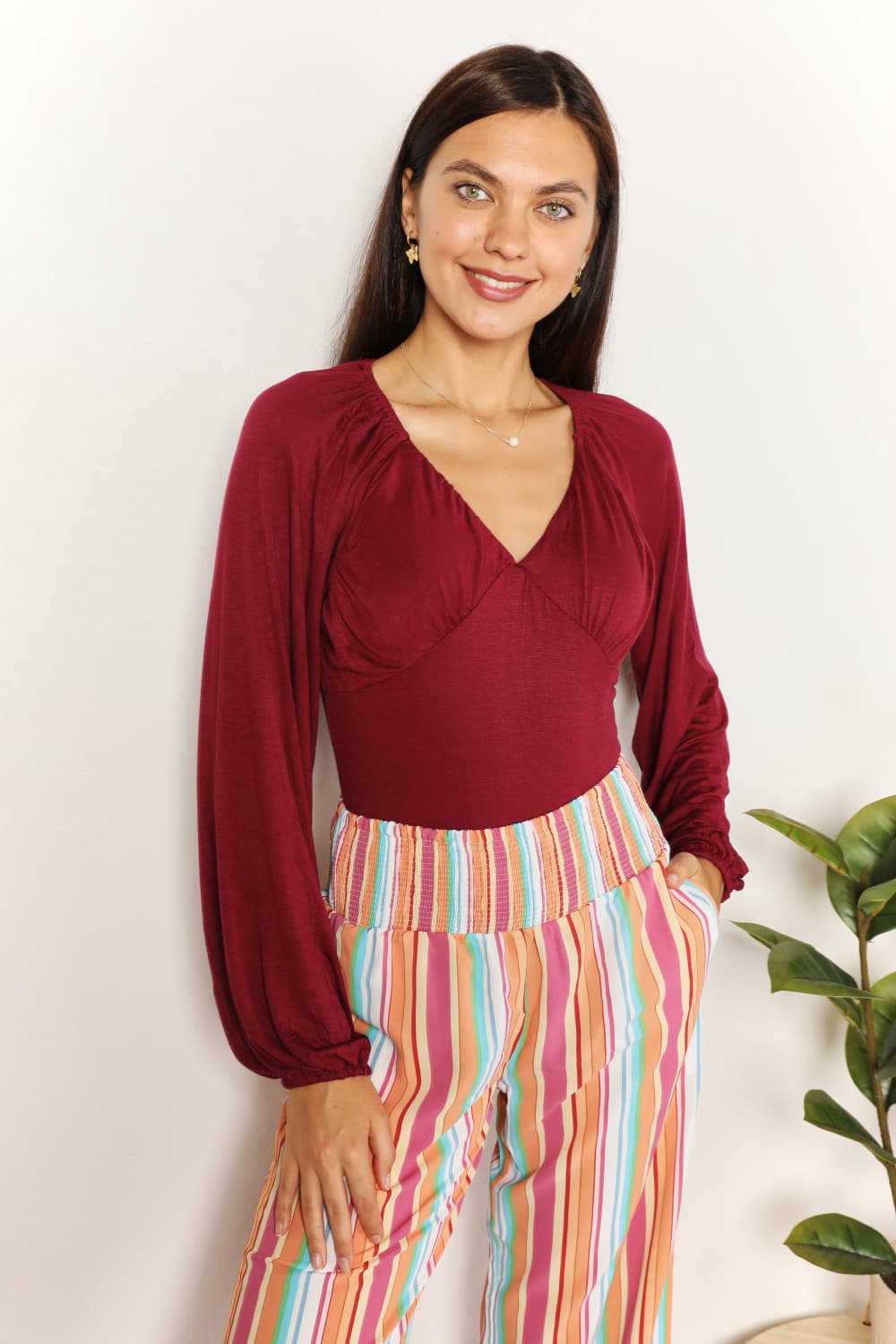 Full Size V-Neck Bodysuit In Burgundy
