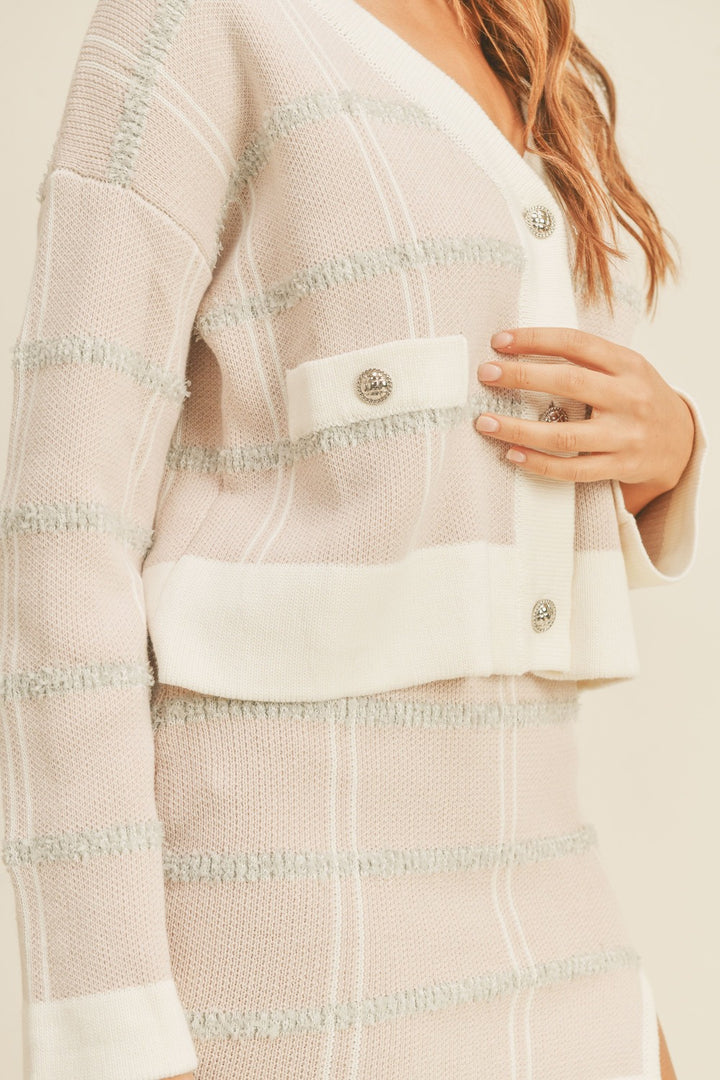 Plaid Button Sweater Cardigan and Mini Skirt Set in Blush