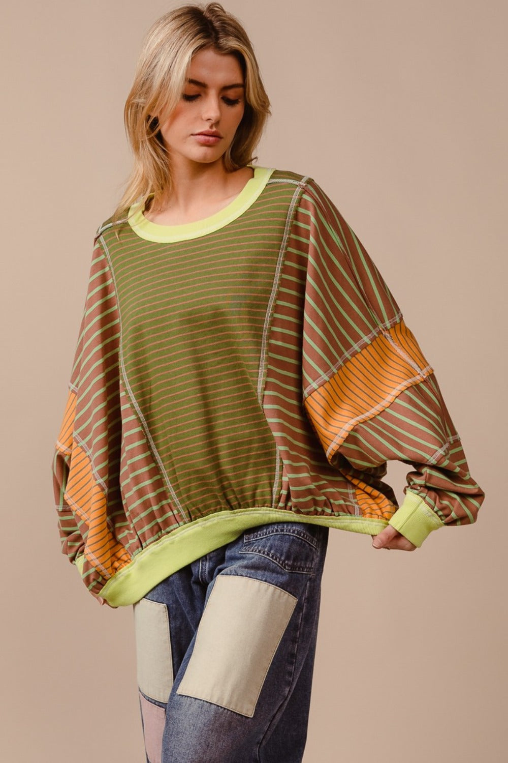 Color Block & Striped Round Neck Sweater