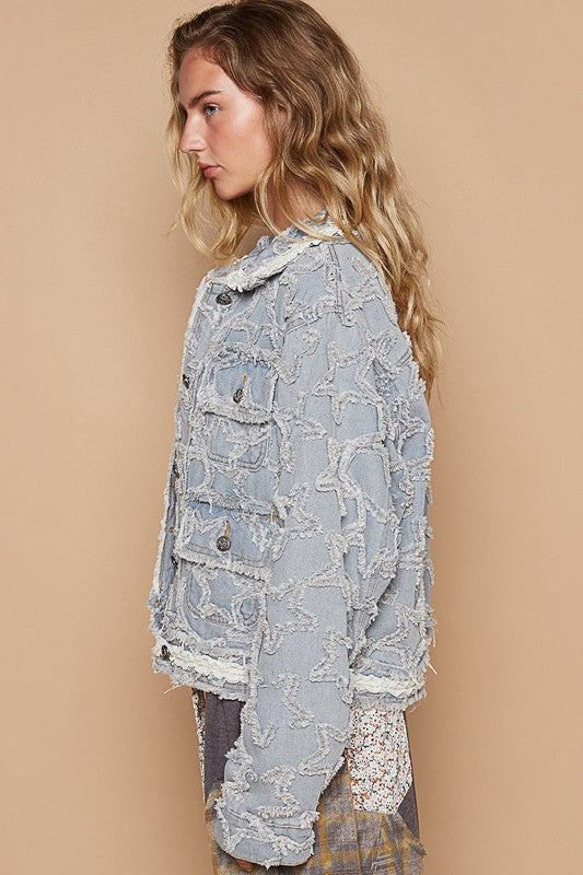 Textured Hem Long Sleeve Light Denim Jacket