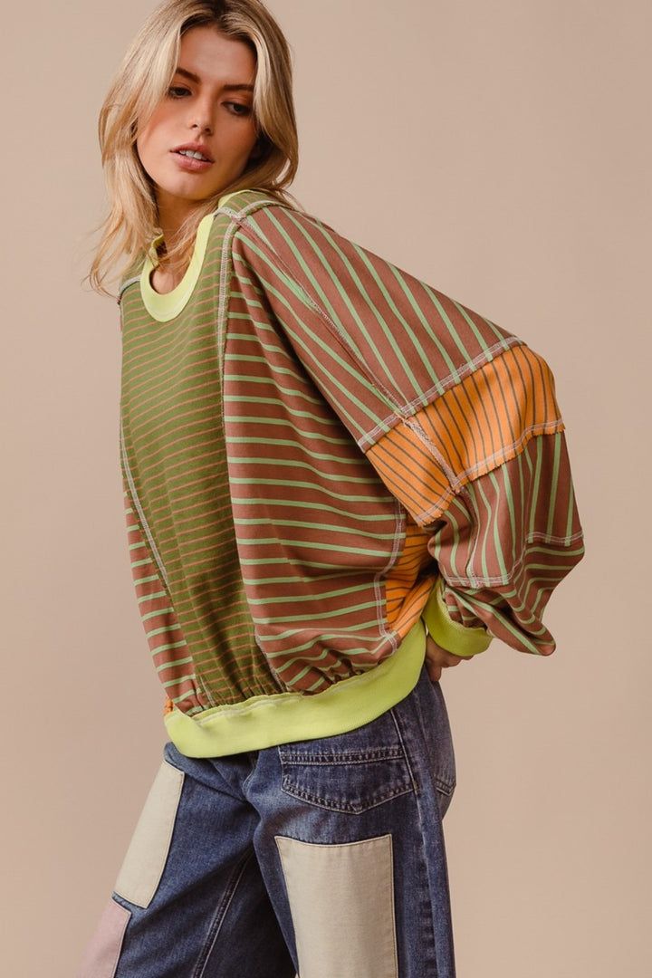 Color Block & Striped Round Neck Sweater