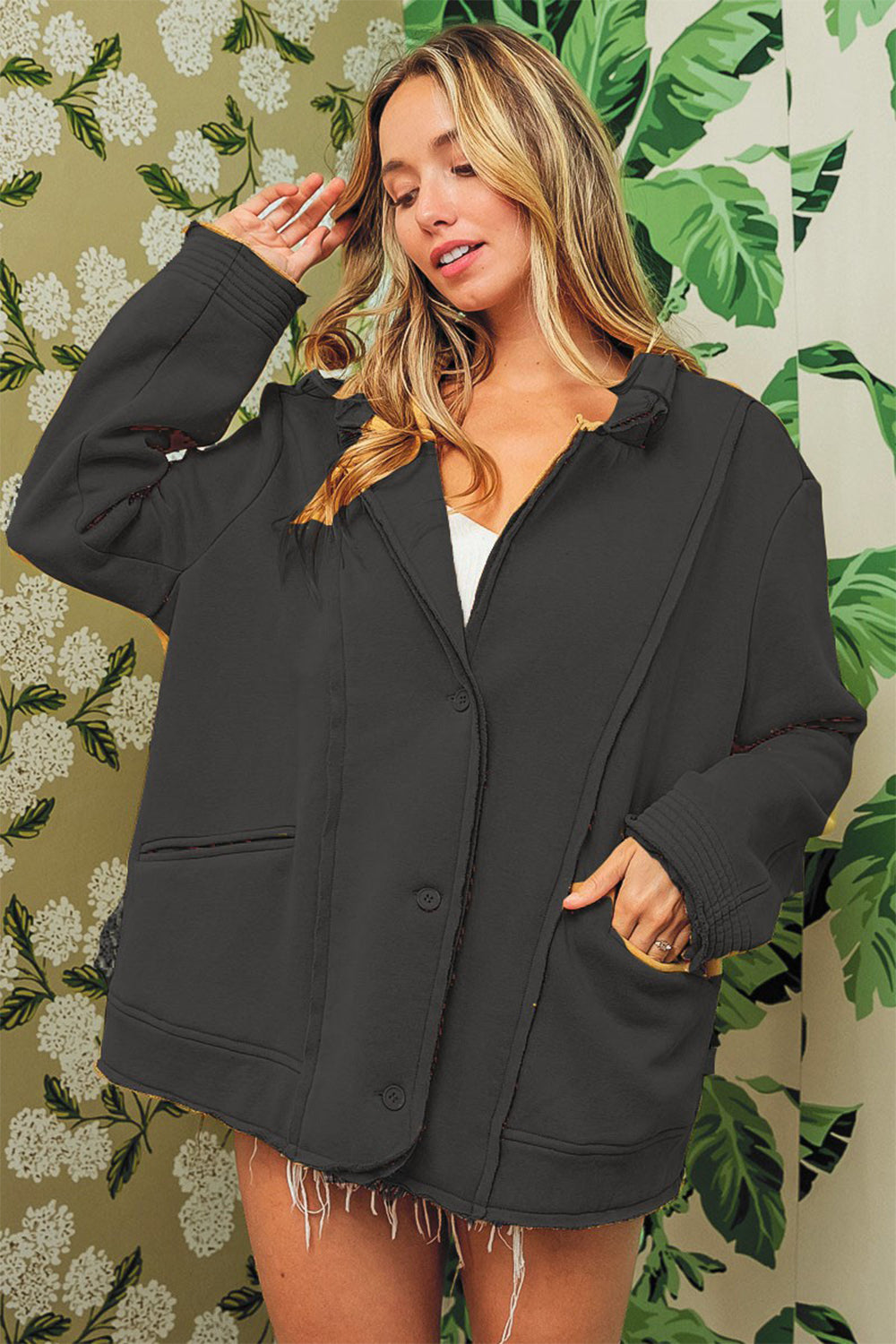 Washed Fleece Jacket In Charcoal Black